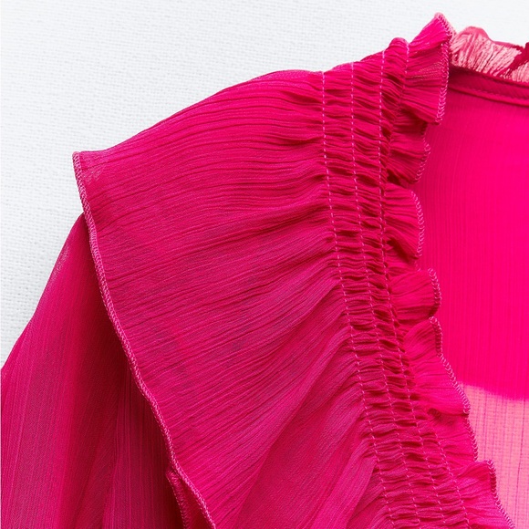 ZARA SEMI-SHEER BLOUSE WITH RUFFLES - Picture 4 of 5